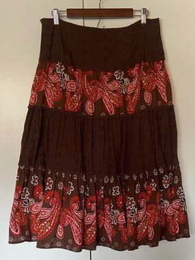 John Paul Richard Brown Midi Skirt with Red Paisley Panels Boho Prairie Large